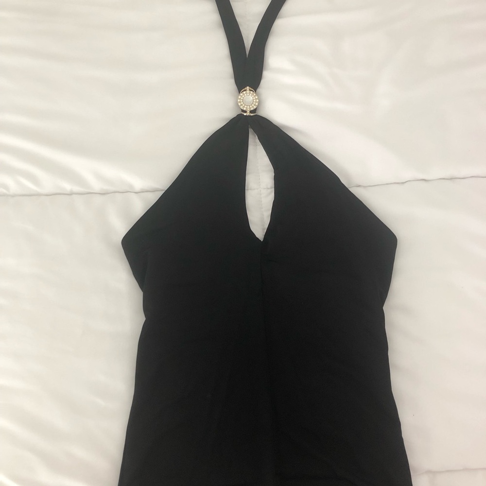 Versace Black Silk Top with La Medusa Crystal Cameo Embellished Detail